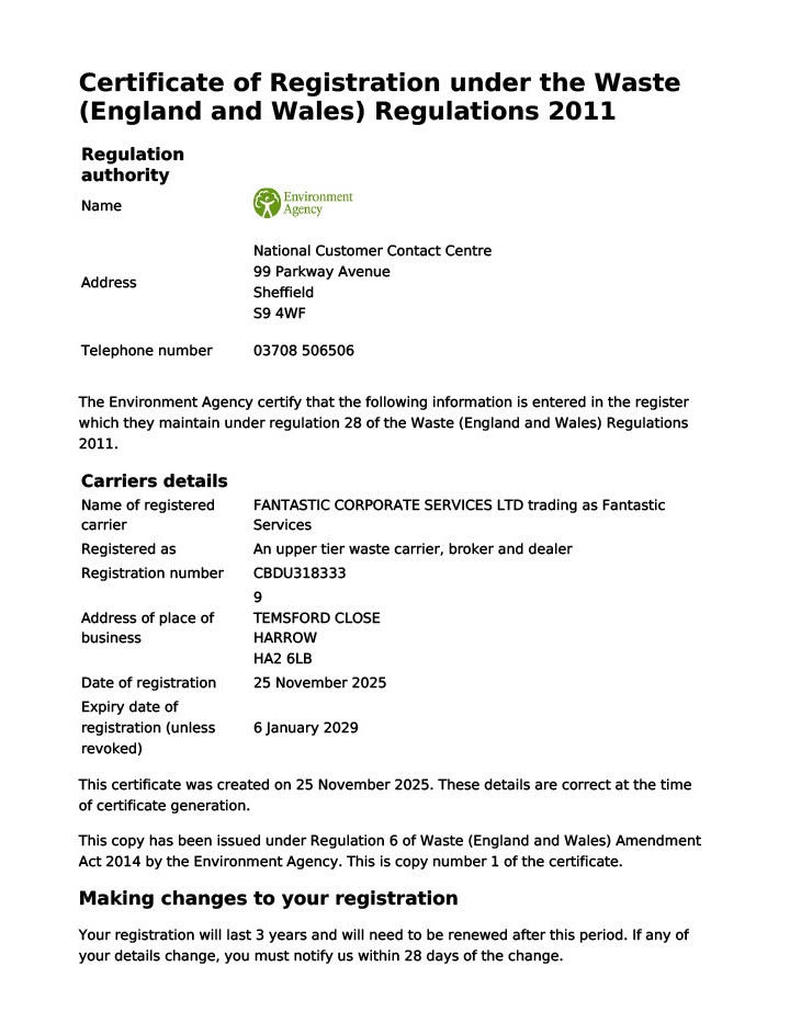 Certificate of registration under the Waste (England and Wales) regulations 2011