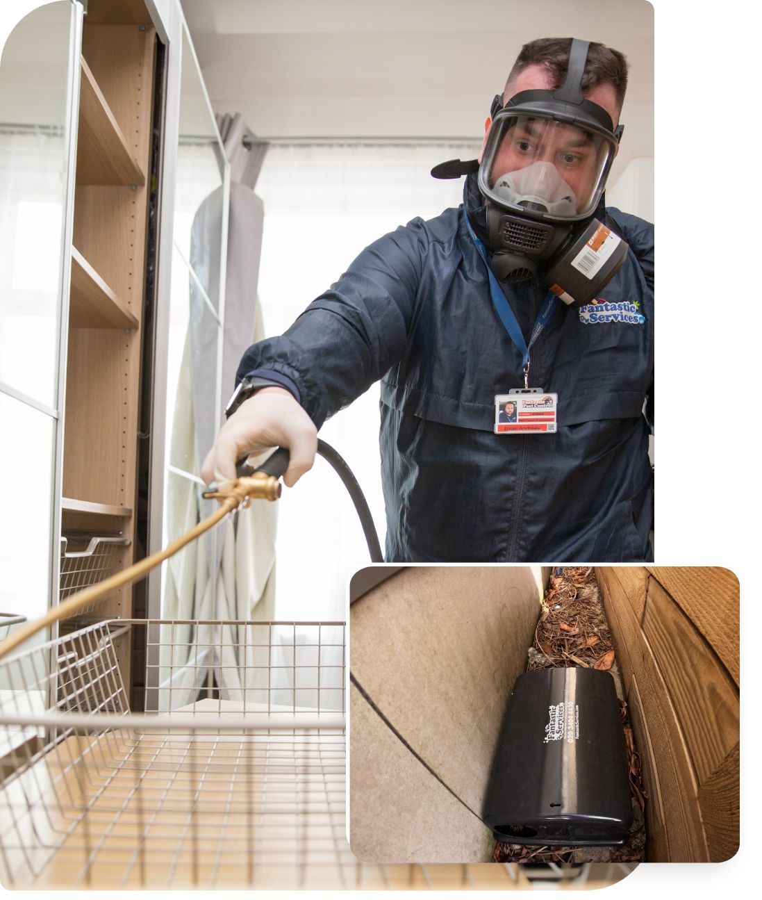Pest treatment The image shows a pest exterminator who is treating a piece of furniture against pest, applying a pesticide with professional equipment.