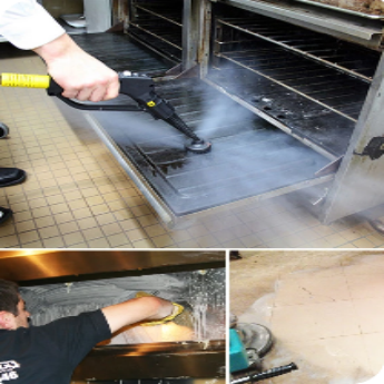 deep-kitchen-cleaning-services A collage of three pictures showing deep kitchen cleaning of hard-to-reach areas in professional kitchen.