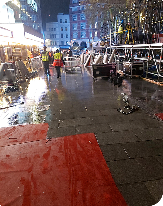 Post-event cleanup and clearance near ODEON Leicester Square in London