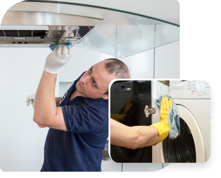 The image shows tenancy cleaners who are wiping the appliances in a kitchen.