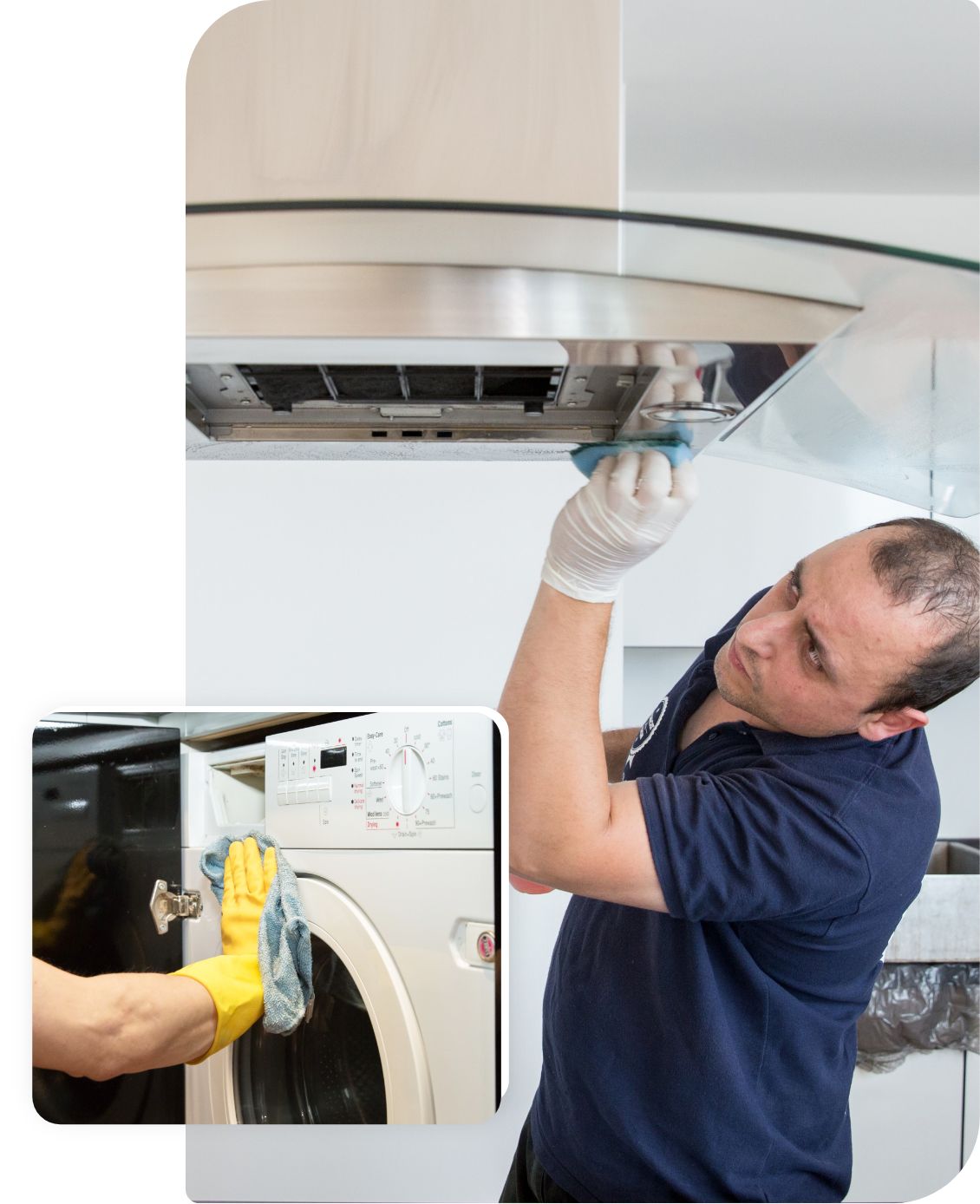 Tenancy kitchen cleaning The image shows tenancy cleaners who are wiping the appliances in a kitchen.