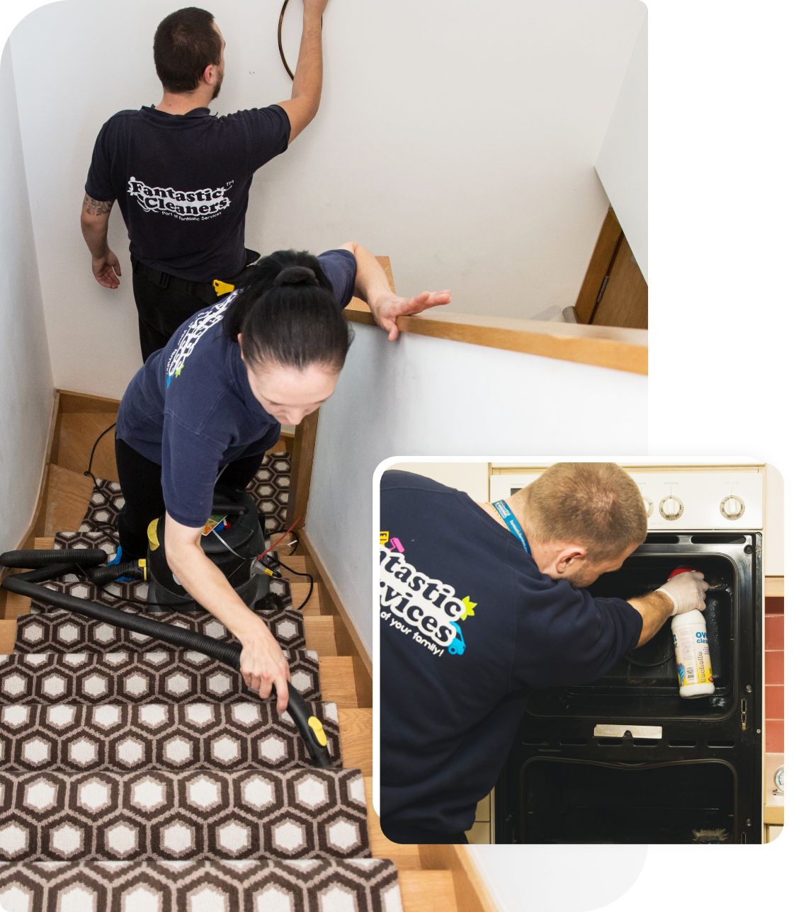 Tenancy cleaners working The image shows a team of commercial end-of-tenancy cleaners. On the left side, two professionals vacuum the stairs, while on the right side, another expert cleans the oven using a spray cleaner.