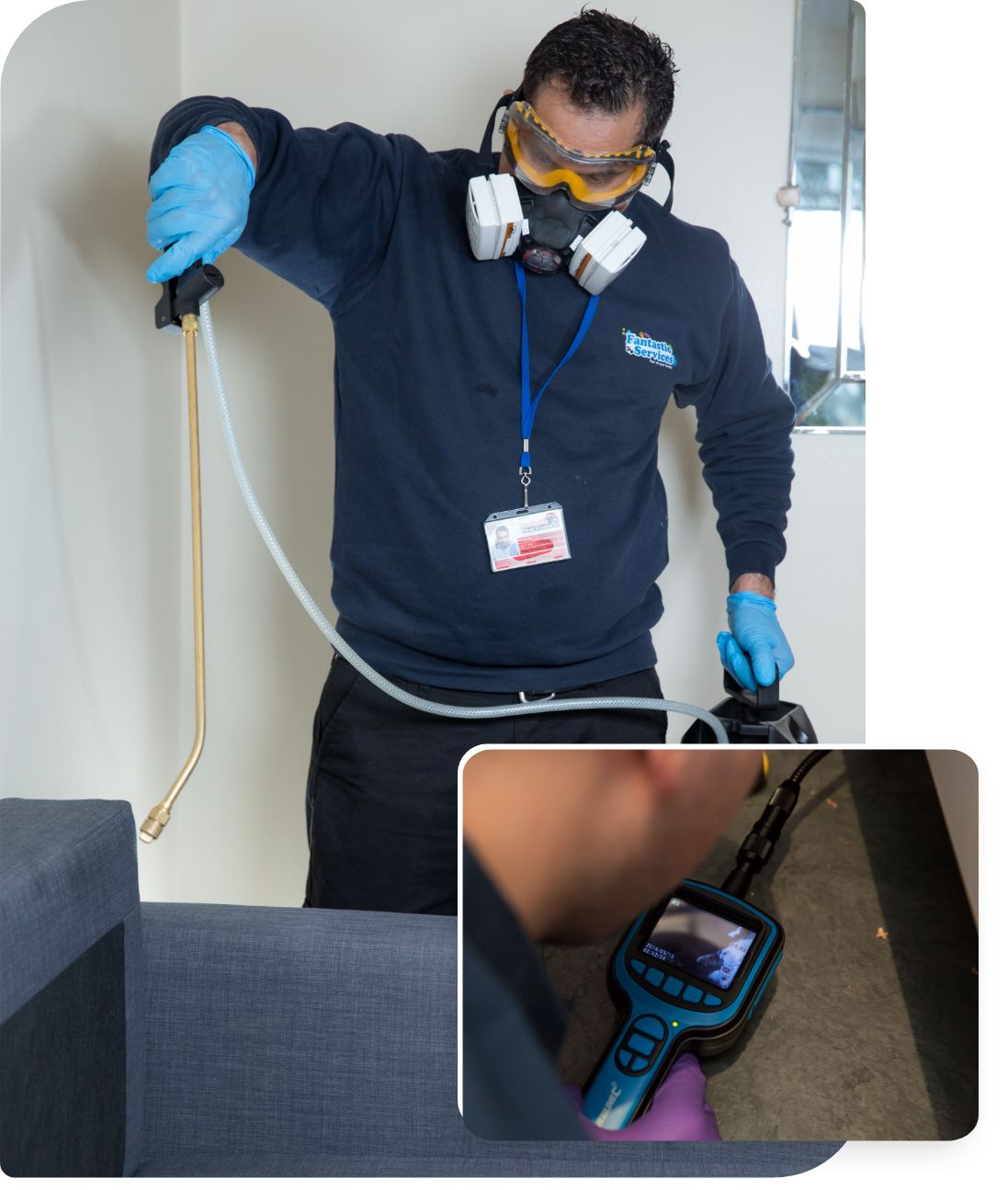 Pest treatment The image shows a pest exterminator who is treating a piece of furniture against pest, applying a pesticide with professional equipment.