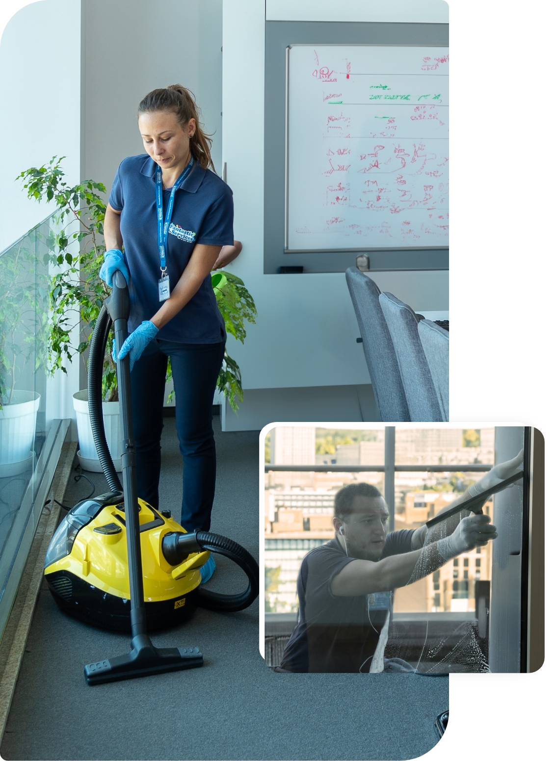 One-off deep cleaning service A collage of two images. The left image shows a one-off deep cleaner in blue uniform vacuuming a carpet. The right image shows a commercial one-off professional cleaning a window.