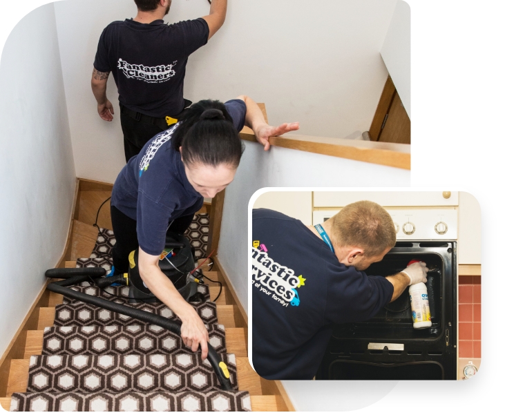 The image shows a team of tenancy cleaners who are cleaning a stairway.