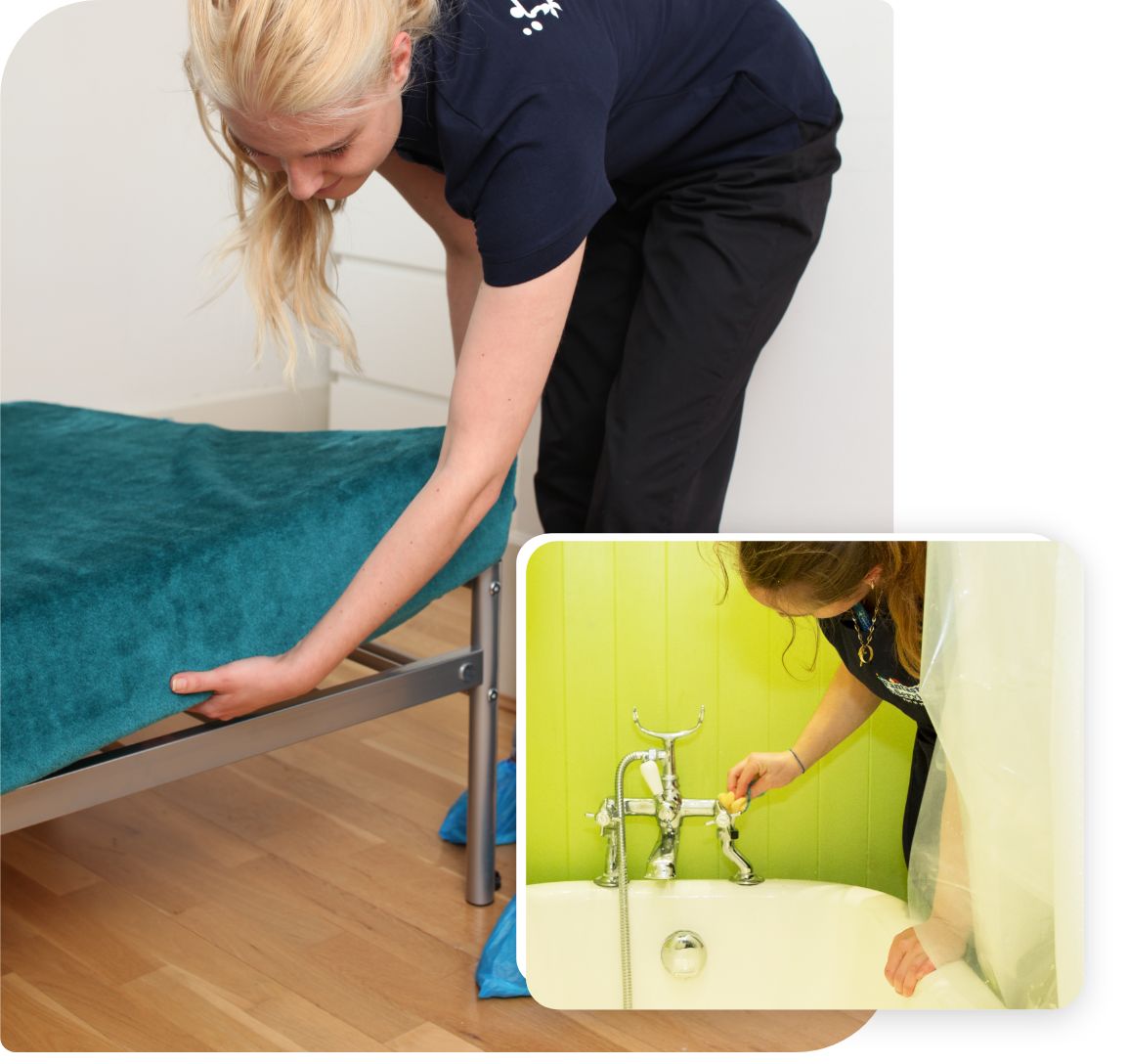 Rental property cleaners A collage of two images. The left image shows a commercial cleaner adjusting a teal blanket on a bed frame, while the right image shows another cleaner polishing a bathtub faucet.