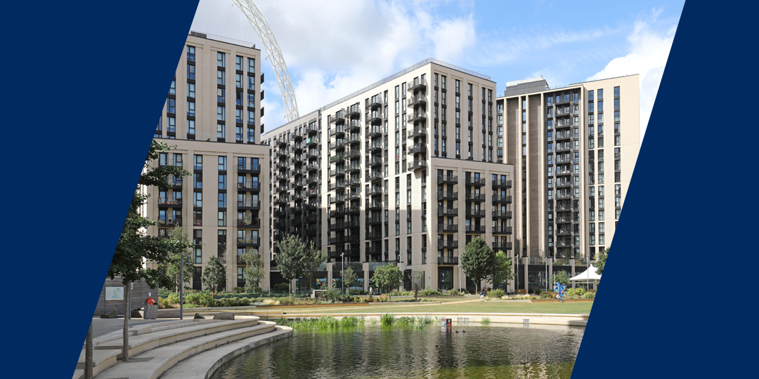 home-page-hero-desktop A new development and landscaped gardens in Wembley Park, London. Arch of Wembley Stadium visible in background.