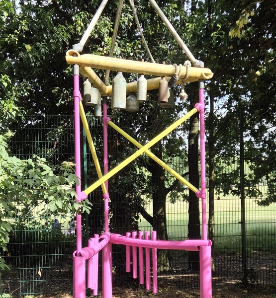 colourful-sensory-music-frame Freshly repainted sensory music frame at Lady Allen Adventure Playground.