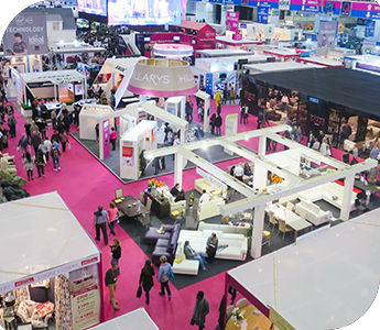 exhibition-event-d Ideal Home Show London exhibition hall with trade show stands and visitors