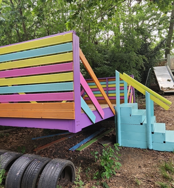 painted-play-bridge Refurbished colourful play bridge and steps