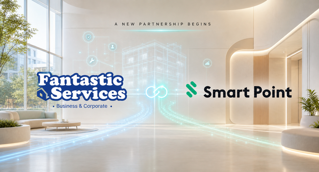 fantastic-corporate-services-smart-point-partnership Fantastic Corporate Services and Smart Point logos displayed in a modern smart building environment
